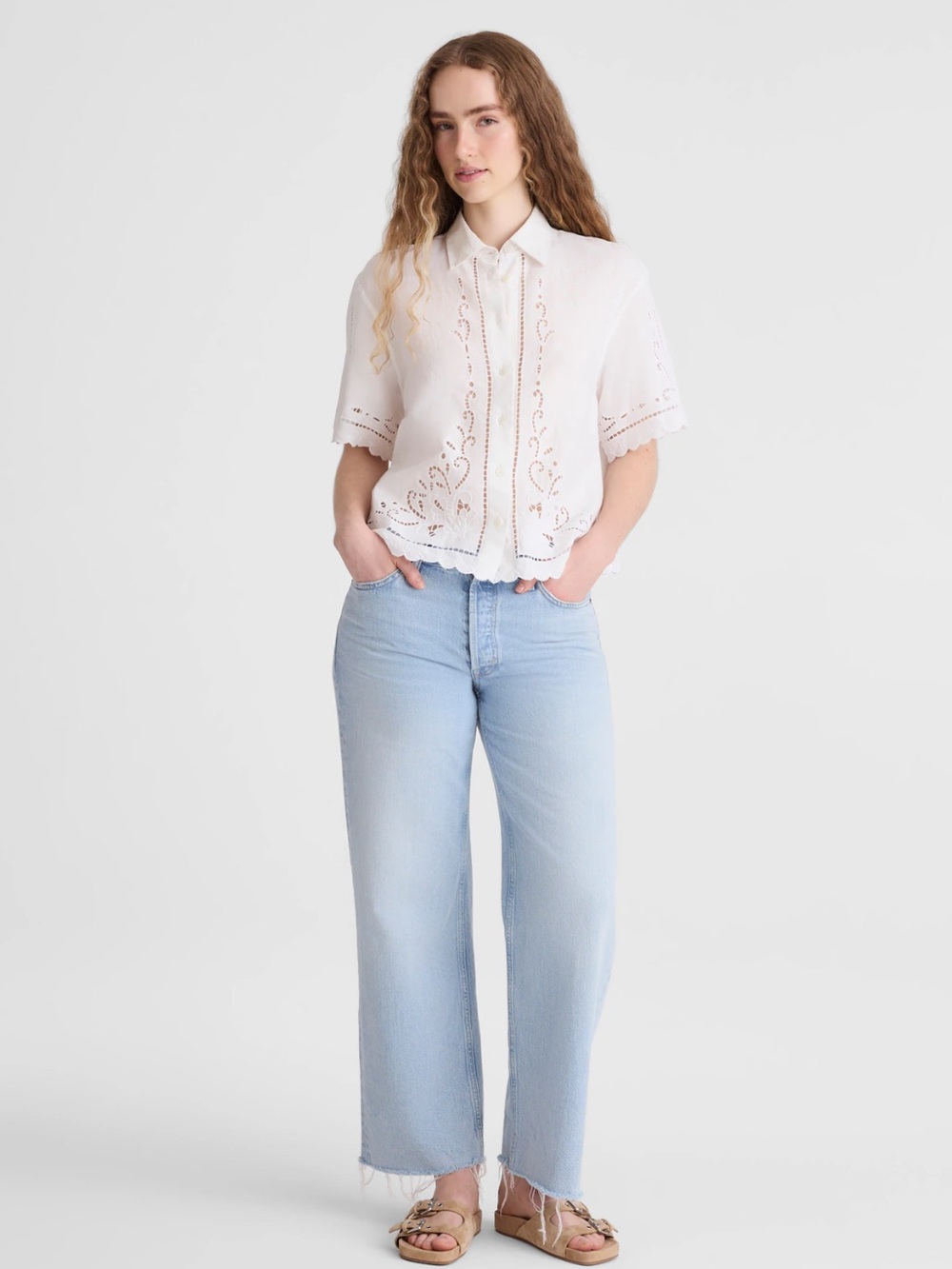 Madewell White Eyelet Boxy Crop Button-Front Shirt Size Small NWT OA388 - Picture 2 of 16